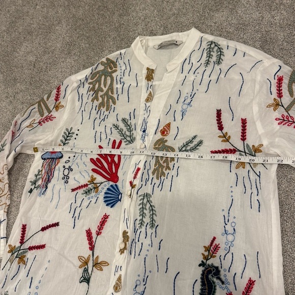 Zara Long Embroidered Blouse Oyster White Jellyfish Seahorse Bloggers Favorite - Picture 10 of 12